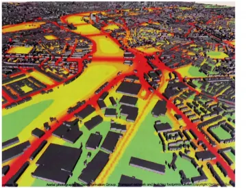 Figure 2.2: of Visualization of air pollution - Air pollution overlaid onto the 3D model (LoD1; London (from http://www.londonair.org.uk/london/asp/virtualmaps.asp)
