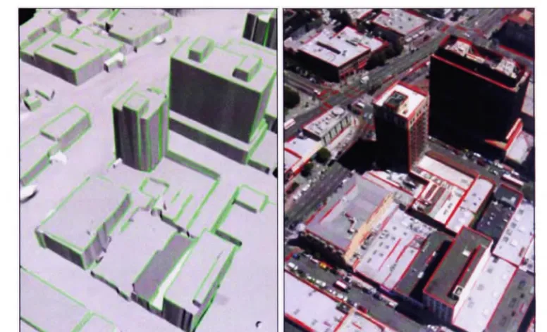 Figure 2.4: Obligue imagery for generating 3D city models - (a) Visible 3D lines of the model in green; (b) 2D lines in the image in red.(from Frueh et al