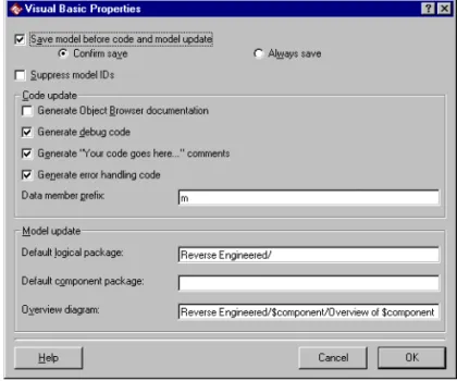 Figure 32 Visual Basic Properties Dialog Box—Model Update Tool To open the Visual Basic Properties dialog box, right-click the Visual Basic language on the Select Components and Classes page in the Model Update Tool, and click Properties
