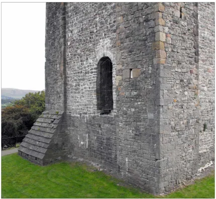 Fig 10: The base of the keep at Clitheroe. Note the first floor entrance and the later chamfered corner to the tower base