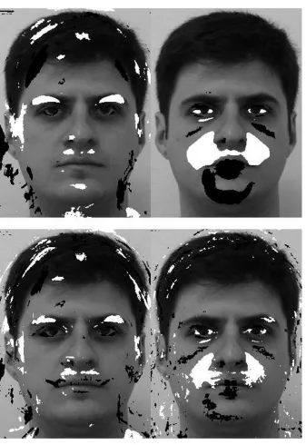 Figure 4. MLDA (top) and SVM (bottom) most discriminant pixels: (left) comparing the gender intensity changes; (right) comparing the expressionintensity changes.