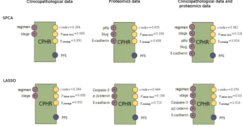 Figure 3.9: These block schemes pro-vide an overview of the selected fea-tures and the performance measures:10-fold cross validated c-index, p-valueof the Monte Carlo experiment, andthe shrinkage for the Cox proportionalhazards regression models for PFS.