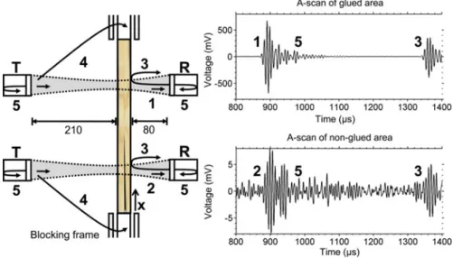 Fig. 2 Main propagation paths and typical A-scans. 1 and 2 are waves propagating through the sample.