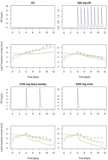 Figure 2Prediction of hollow-ﬁber system experiments with rifampicin againstsum of F(OD) dosing, 2,100 mg twice daily; 4,200 mg once weekly; unbound rifampicin (RIF) pharmacokinetics (upper panels) and pharmacodynamic effect overtime (lower panels); circle