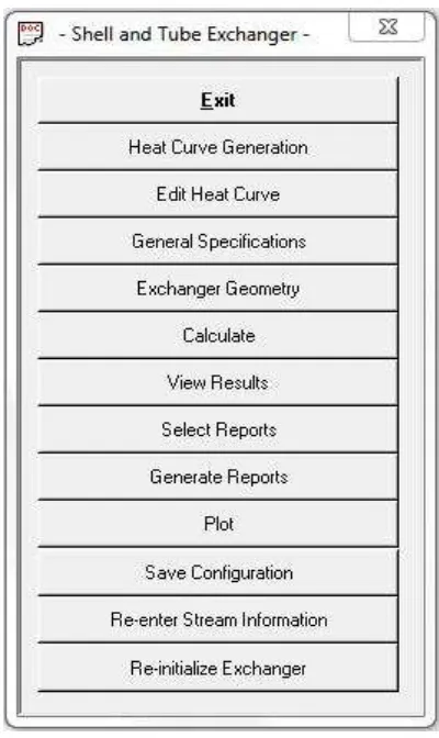 Figure 2: Shell and Tube Heat Exchanger Menu 