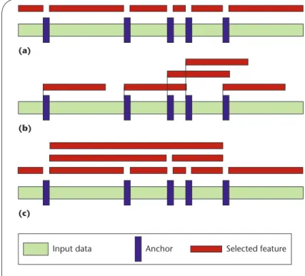 Figure 2 Rabin-style feature selection: (a) nonoverlapping, (b) fixed size, and  (c) nested multilayer