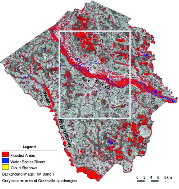 Figure 5: Flood extent in Pit County, NC on 30 September, 1999 (Wang et al., 2002)   