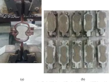 Figure 2: (a) Tensile strength test of mortar under Trebel Universal Testing Machine-40KN machine                 (b) Standard mould of briquette (central cross-sectional area as 25.4mm x 25.4mm and length as 76.2mm)  
