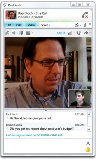 Figure 8: Transitioning to a video call  Panoramic view and active speaker detection  Lync 2010 can display a 360 degree video panorama  of a meeting room or other location