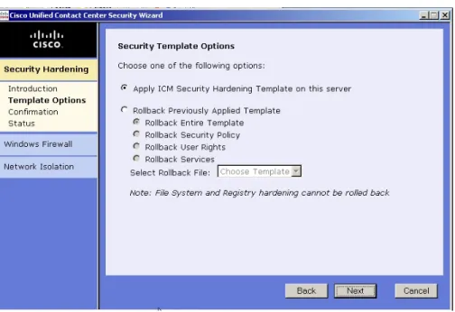 Figure 12: Example Security Hardening Template Options Panel