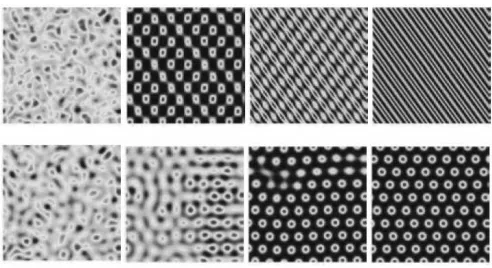 Figure 4:Transition from simple (single-scale) patternsto scale-dependent fractal (multi-scale) patterns inpurely-dispersive (top row) and purely-absorptive(bottom row) cavities