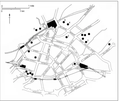 Fig 4: Workers housing excavated in Manchester and Salford between 2001 and 2011. Key to excavations: (1) Liverpool Road; (2) Copperas Street; (3) Syre's Court; (4) Angel Street; (5) Greengate; (6) Blakeley Street; (7) Pickford Street) (©M