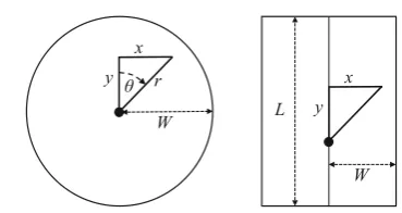 Fig. 1 Point transect (coordinates for an individual detected at Cartesian coordinatesleft) and line transect (right) survey schematics