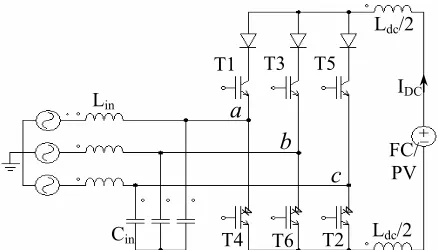Fig. 8. Topology of a single-stage grid interface for FC/PV based on a CSI with asymmetric group switches using 3 RB-IGBTs, 3 normal IGBTs and 3 fast recovery diodes with optimized losses.