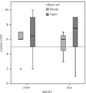Figure 3. Boxplots illustrating the proportion of correct trials scored on either the block or rope set