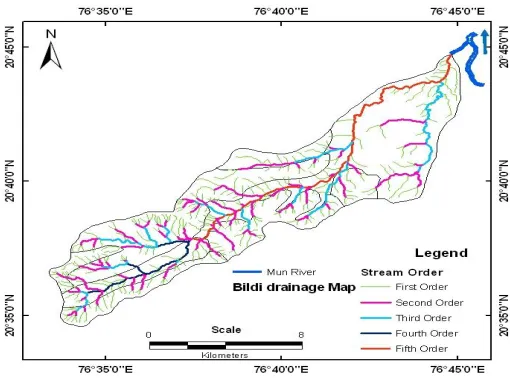 Fig. 3: Stream ordering of the Bildi River sub basin 
