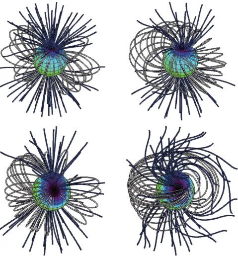 Figure 7. Static ﬁeld line extrapolations for CE Boo (top) and GJ 49 (bottom) for ﬁelds that are purely potential (left) and those that are the sum of potentialplus non-potential (right)