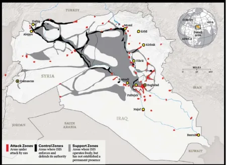 Figure 1.  ISIS Territories as of December 2014 (Map developed by the Institute for the Study of War and published in The Atlantic, March 2015) 
