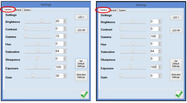 Fig. 22 shows the default settings for SF-HP5R and SF-LV1R sensor foils respectively. It is  recommended to use the default camera settings for your measurement set-up first