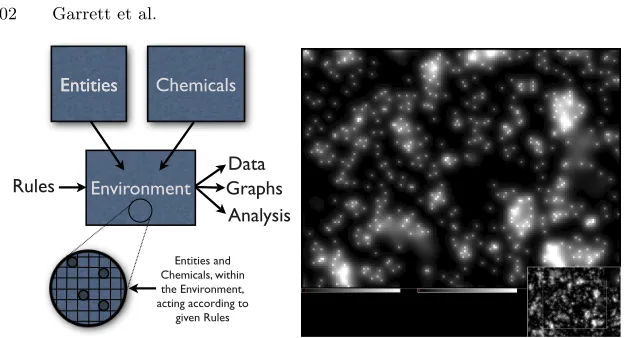 Fig. 5.7. (left) The structure of the Sentinel system. (right) Sentinel models thediﬀusion of chemicals to implement realistic chemotaxis and, crucially, to model theeﬀects of cytokines (see text)