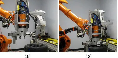Figure 6 The robot picks up a randomly located wheel. (a) The wheel is randomly located on a feeding table
