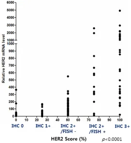 Figure 3. Correlation coefficient analysis between the HER2 mRNA RT-qPCR results and HER2 IHC and FISH results