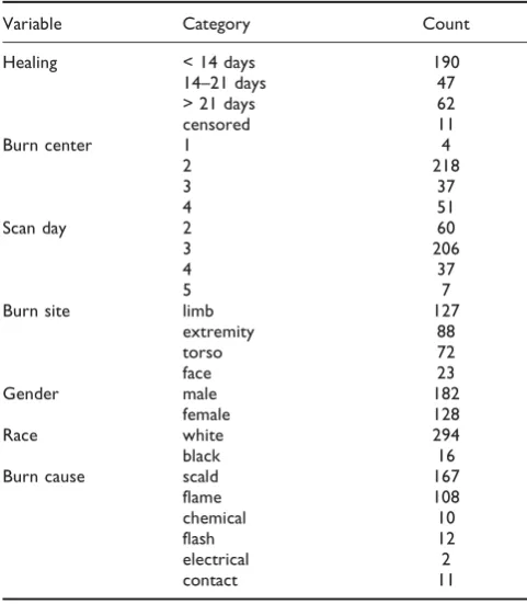 Table 1: Data summary, showing breakdowns of burn areas from100 patients
