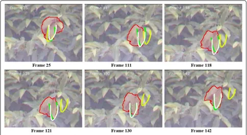 Fig. 8 Tracking result of Leaf2. Yellow—UKPF, white—MHMM-UPF, red—Hough Tracker, green—proposed method