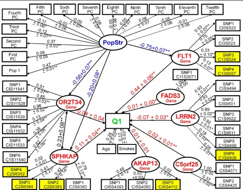 Figure 2 Modeling the aggregate effects of common and rare variants in multiple potentially interesting genes (without knowledgeof the GAW17 answers) using latent variable structural equation modeling