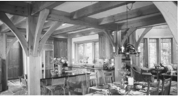 Figure 1-1 Typical Timber Frame  (courtesy of Riverbend Timber Framing)  Timber frames may be enclosed in a variety of manners, but the most common  enclosure system is the structural insulated panel (SIP)