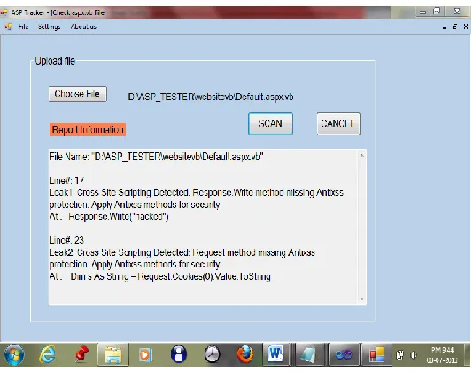 Fig. 6: Scanner tool report showing leaks in the .aspx.cs file 