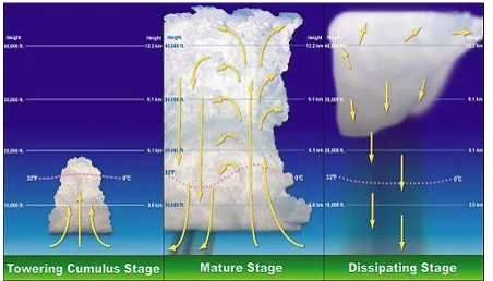 Fig. 2 Stages of thunderstorm development: cumulus stage, mature stage, dissipating stage 