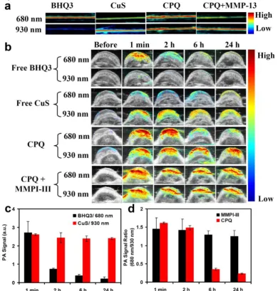 Figure 4 taken at different time post injection. (c) The change of tumor PA signals of the control groups including free BHQ3 at 680 nm and free CuS nanoparticles at 930 nm