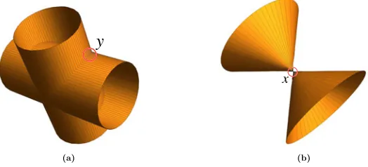 Figure 1. Two types of singular points on ruled varieties. (a) The Gauss ﬁbers on avariety consisting of two intersecting cylinders consist of the ruling lines indicated.