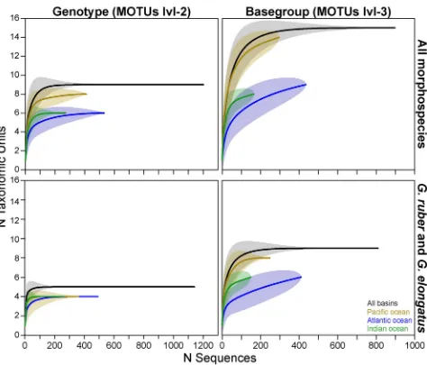 Fig 5. Assessment of species richness. Rarefaction curves for the different basins and the entire dataset at the genotype (MOTUs lvl-2) and basegroup(MOTUs lvl-3) levels, and for all morphospecies together and for the better sampled G