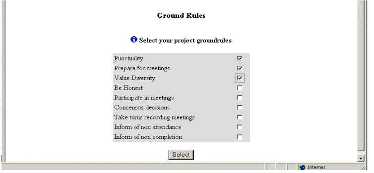 Figure 2: Screen display for team members to select preferences for ground rules 
