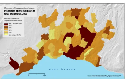 Figure 2.9: Percentage of internal ﬂows compared to the total of outﬂows for the com-munes of the agglomeration of Lausanne