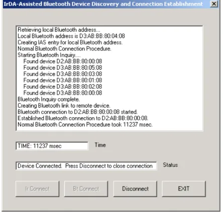 Figure 4 below is a screen shot taken of this test application as it establishes a Bluetooth connection using the normal connection establishment procedure