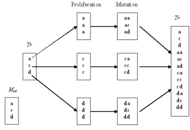 Figure 2: A visual illustration of the proliferation and muta-tion process applied to the tracker population [a, c, d]