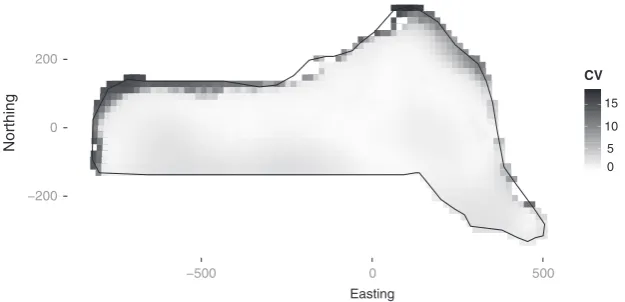 Fig. 5. Map of the coeﬃcients of variation for the model with smooths of both depth and location