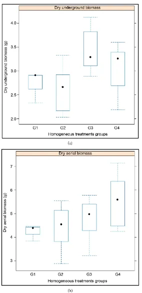 Figure 5. Effect of group treatments on production of dry aerial biomass (a) and dry underground biomass (b) of corn plants