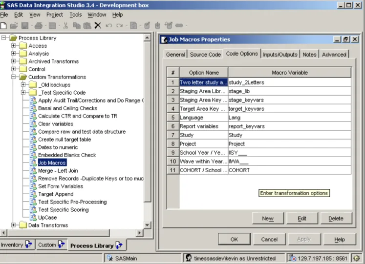 Figure 1: Example Custom Transformation showing the Code Options tab in SAS Data Integration Studio