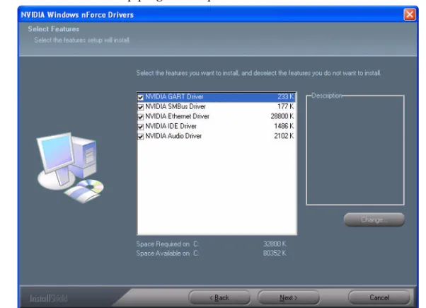 Figure 2.10 nForce Driver Installation Window 2 Select the modules that you want to install.