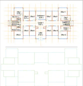 Figure 1 (top): Architect’s model view of a building floor plan.1simulation model view of a building floor plan