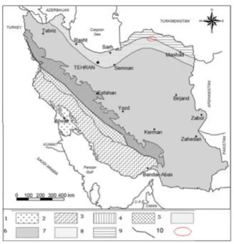 Figure 1. Geological map of Iran and location of the study area: 