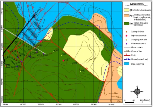 Figure 2. Geological map of the dam site as well as the injection and sampling points (Toos Ab consulting engineers, 2009) 