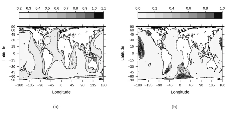 Fig. 8. Inference for a point process over the oceans. (a)The pointwise posterior standard deviation for the log risksurface; (b) The posterior risk map pr log λ(s) > 5.5 | y}.