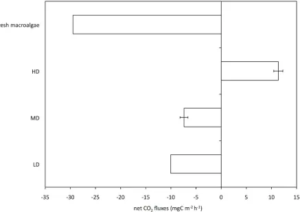 Figure 8.  CONet CO2 fluxes at the air-sediment interface in HD, MD and LD mats as well as in fresh macroalgaldeposits