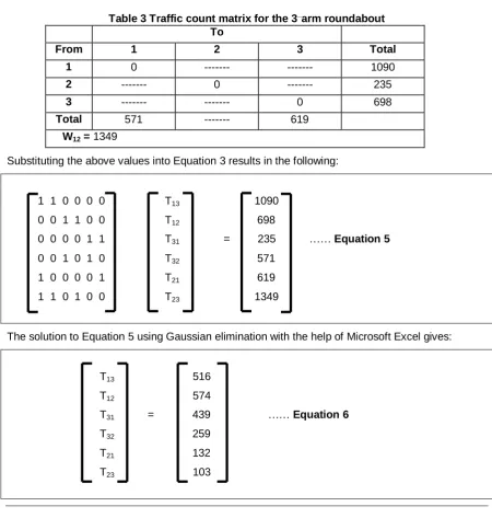 Table 3 shows the required traffic counts and those assumed missing.  A Microsoft Excel spreadsheet was used to calculate the required missing data (in this case T13, T12, T31, T32, T21 and T23) using the Gaussian elimination procedure