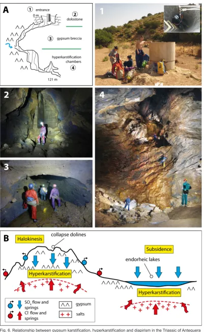 Fig. 6. Relationship between gypsum karstification, hyperkarstification and diapirism in the Triassic of Antequera (Málaga); A) Cross section of the Sima del Águila (Ramírez-Trillo, 1995) with the different levels of dolostone at the entrance and gypsum ga